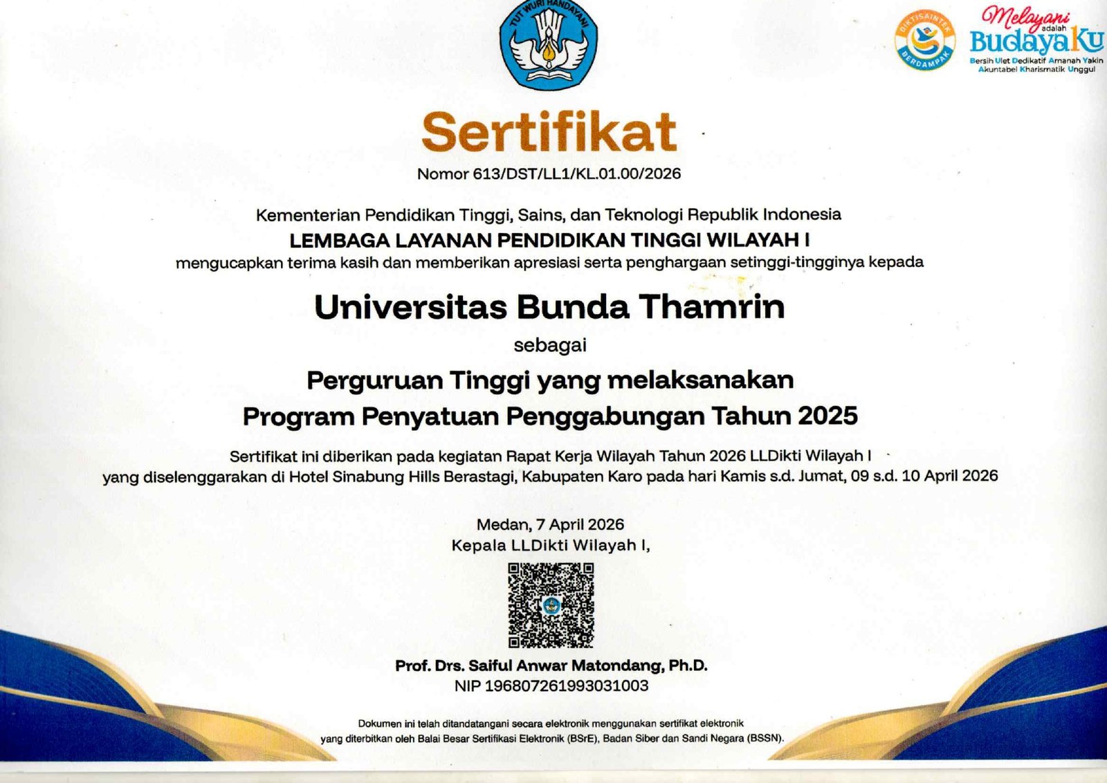 PENGHARGAAN LLDIKTI WILAYAH I KEPADA UNIVERSITAS BUNDA THAMRIN